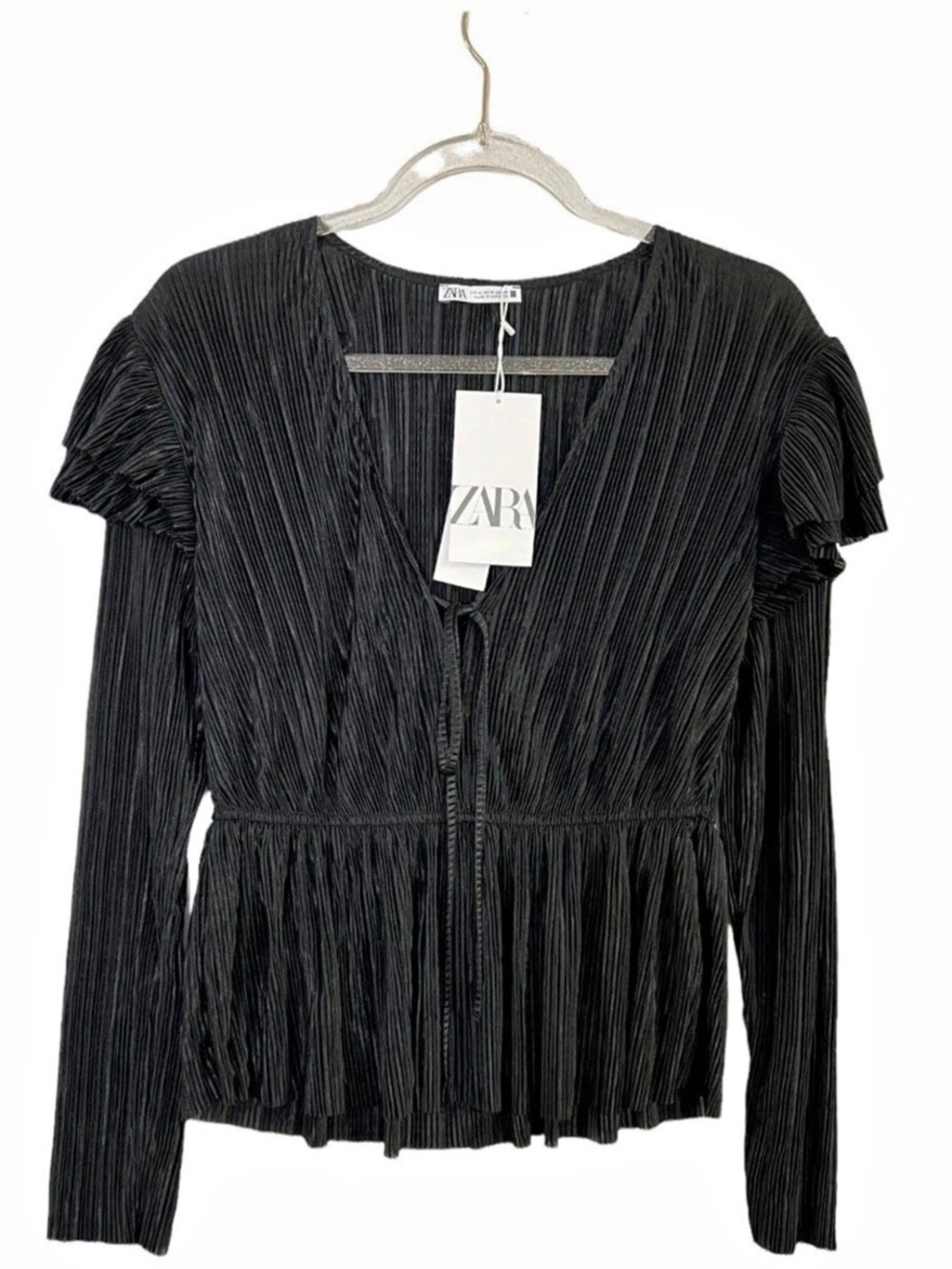 Zara Pleated Blouse with Ruffles Pleated Peplum Blouse in Black Size Small
